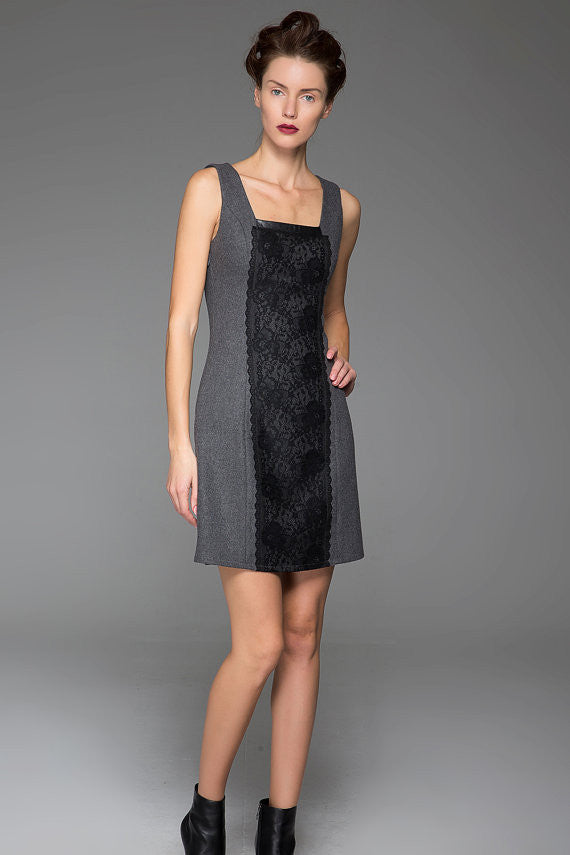 Gray Wool Vest Winter Underwear Dress Warm Vest Dress With Black Lace Stitching (1446)