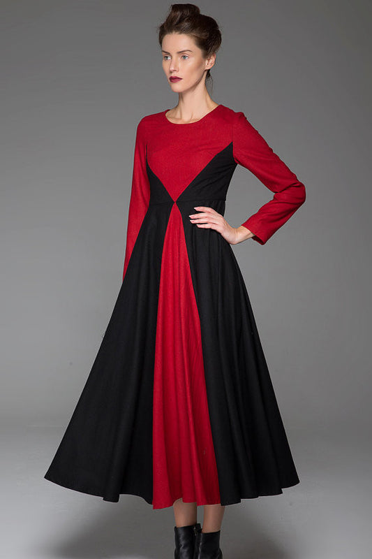 Red black wool dress winter warm dress maxi dress 1445