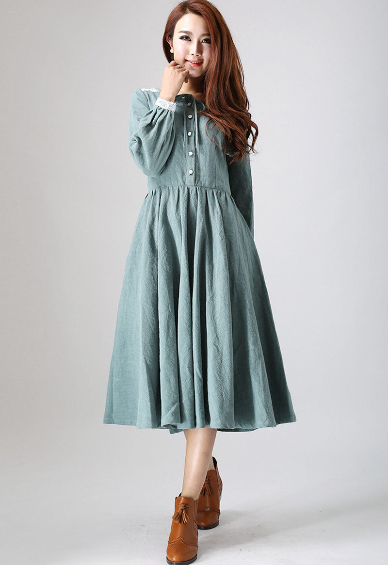 charming linen dress woman's midi dress with lace detail on shoulder a ...