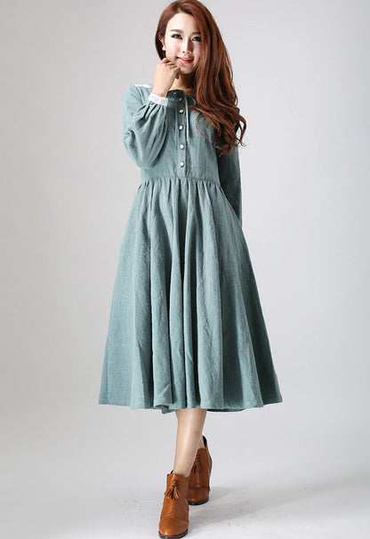 Sage Green Linen Midi Dress - Flowy Silhouette with Lace Detail 794