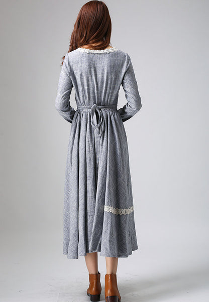Gray Linen Maxi Dress - Long Sleeve with Lace Detail 807