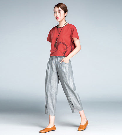 Gray Linen Cotton Casual Pants - Elastic Waist, Above Ankle Fit 2602