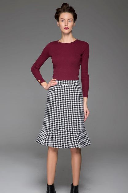 Black and White Wool Fishtail Skirt - Knee Length, Slim Fit 1439