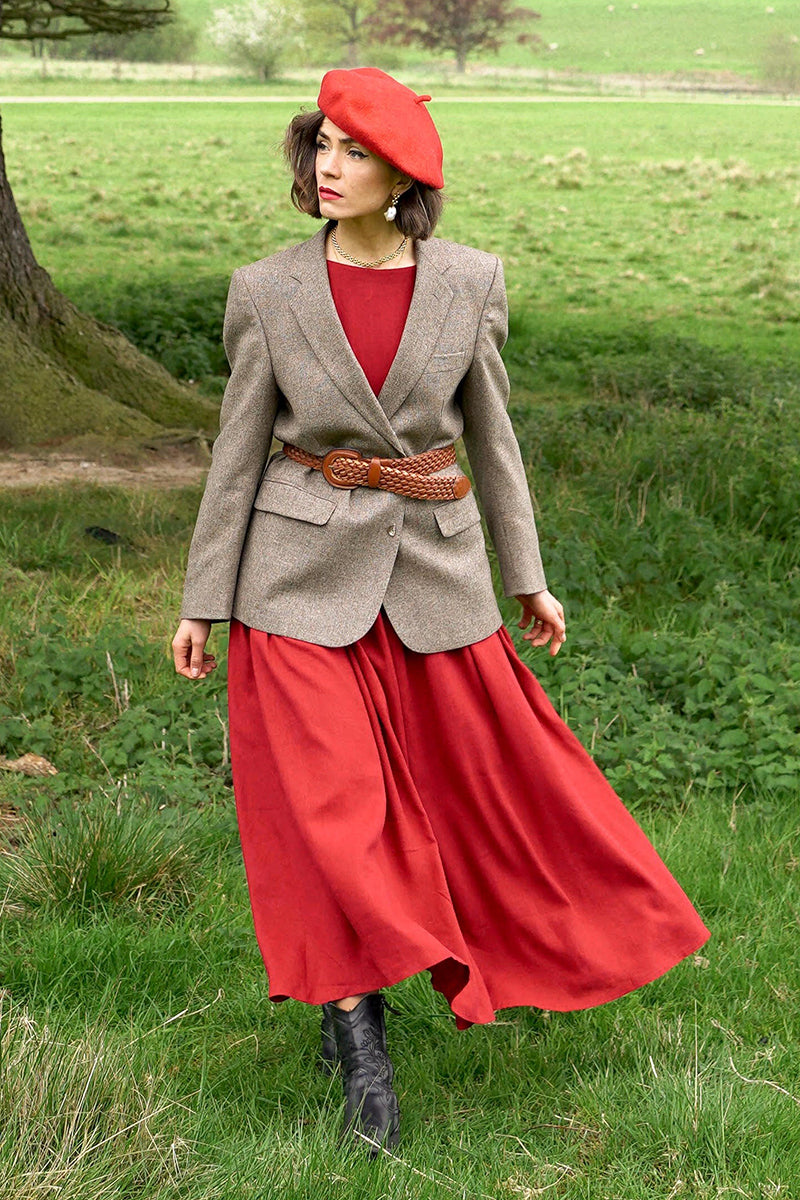 Red Linen Cotton A-Line Maxi Dress with Pleated Skirt and Boat Neckline Xiaolizi Red Linen Cotton A-Line Maxi Dress with Pleated Skirt and Boat Neckline Xiaolizi