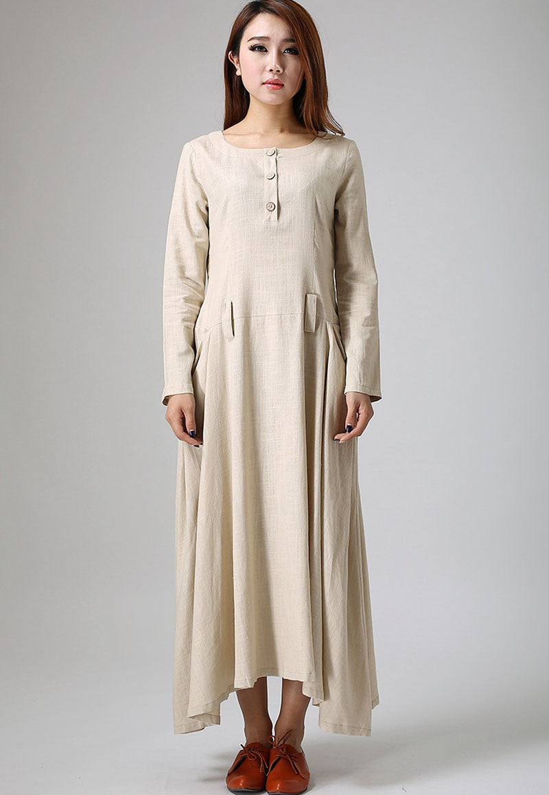 Two large pockets dress cream linen dress maxi dress long dress (889)