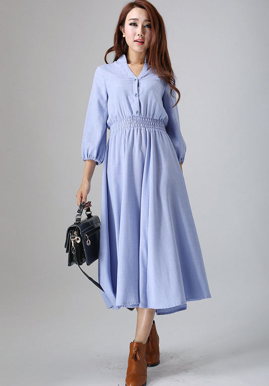 Blue linen dress woman long dress custom made casual dress 796#