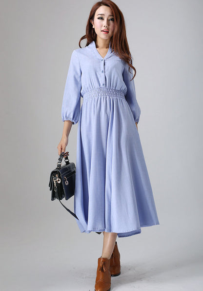 Blue Linen Dress - 3/4 Sleeve Elastic Waist Casual Maxi 796