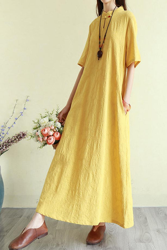 summer loose linen long dress with half sleeve and mockneck CYM333