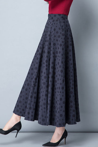 Long A-Line Polka Dot Linen Skirt 4117