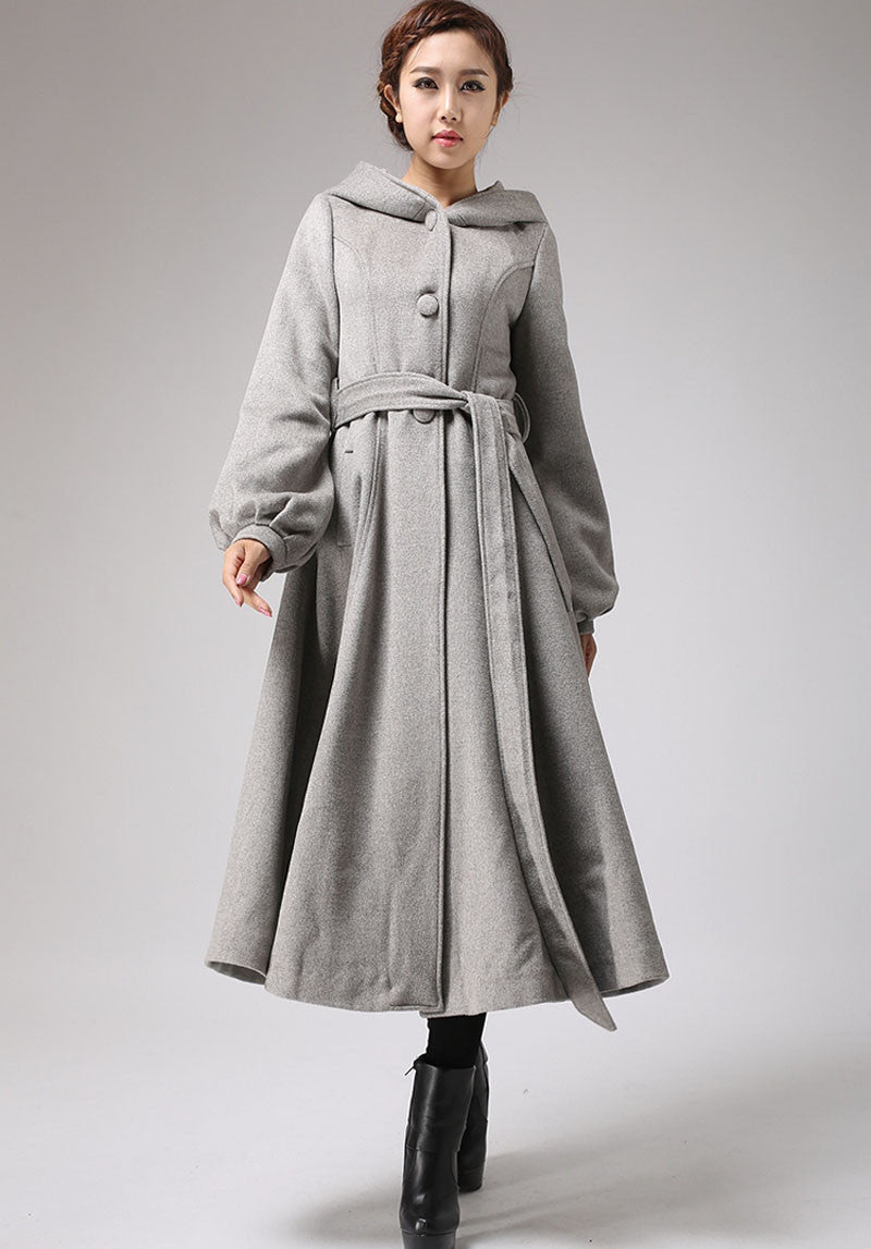 Maxi wool coat Long sleeve womens long swing coat with hood and self tie belt wasit 0708#