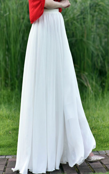 White Chiffon Long Swing Skirt - High Waist Elastic Closure 2946