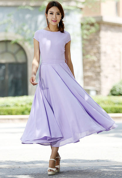 Purple Chiffon Maxi Dress - Gathered Skirt, Tie Waist 1030