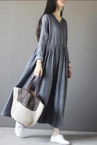 Gray Linen Maxi Dress - V-Neck, Loose Fit Commuter Dress CYM330