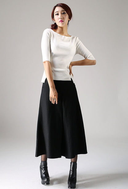 Black Wool Midi Skirt - High-Waisted A-Line Culotte with Belt 1084