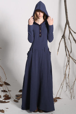 Midnight Blue Linen Maxi Dress Hooded Long Sleeve Dress 1140 Xiaolizi Midnight Blue Linen Maxi Dress Hooded Long Sleeve Dress 1140 Xiaolizi