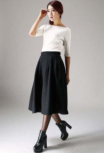 Black Pleated Midi Skirt – Handmade Wool Blend Winter Classic | Xiaolizi 1087