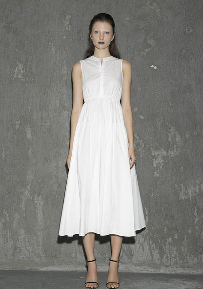 White Cotton Sleeveless Midi Dress - Elastic Waist with Front Buttons 1302