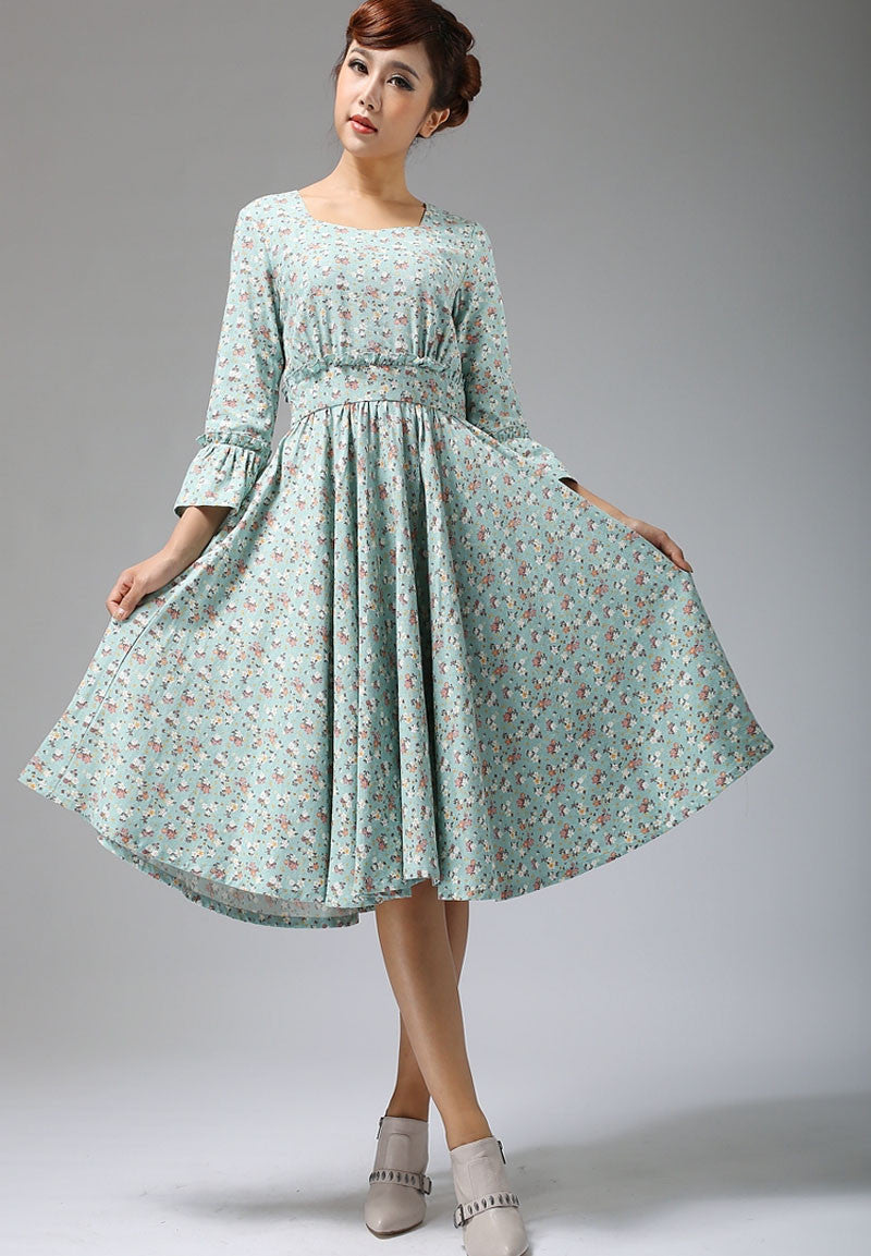 Blue linen dress floral print midi dress women dress 678#