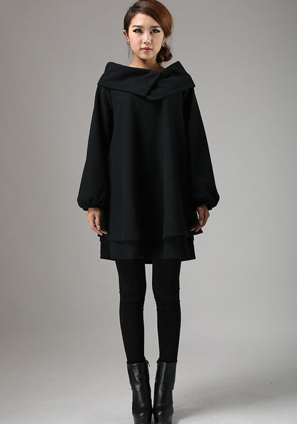 Black Wool Mini Dress - Oversized Swing with Chunky Collar 733