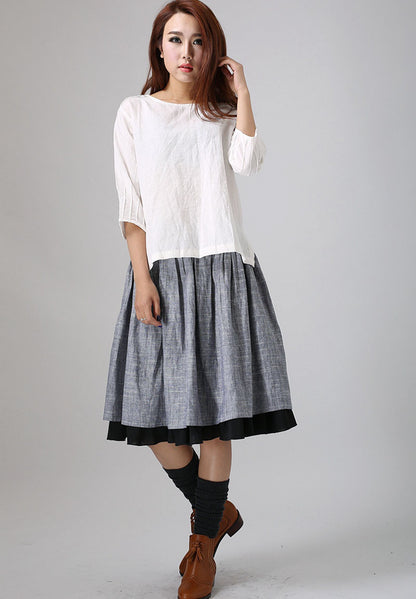 Gray Linen Cotton Blend Midi Skirt - Pleated Waist with Black Layered Hem 777