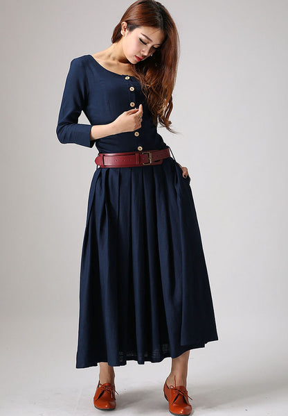 Blue Linen Maxi Dress - Button Front Pleated Waist | Xiaolizi 881