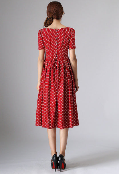 Red Linen Cotton Blend Midi Dress - Fit and Flare Polka Dot 974