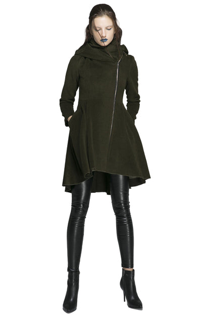 Army Green Wool Blend Hooded Coat – Handmade Asymmetrical Winter Elegance 1360