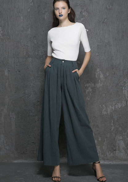 Green Linen Cotton Palazzo Pants - Wide Leg Ankle | Xiaolizi 1338