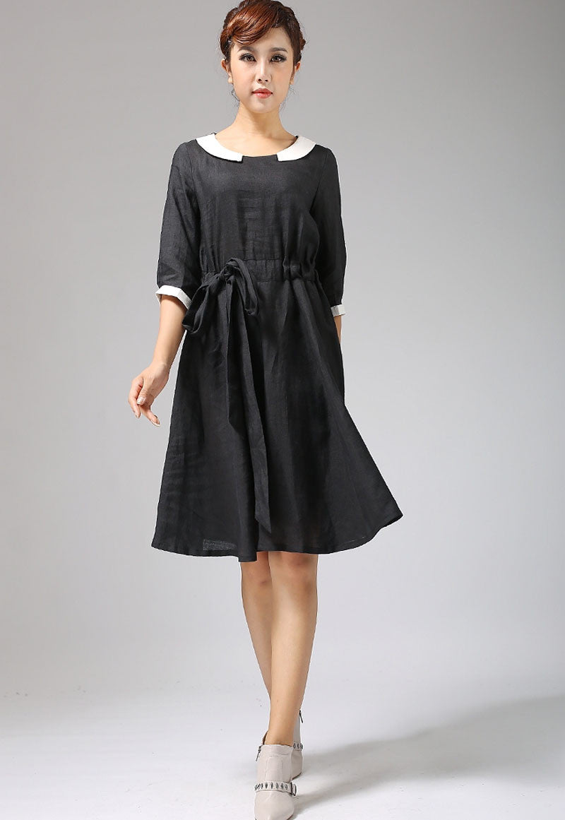 Black linen dress with collar and elbow length sleeves 697# - XS(0) Black linen dress with collar and elbow length sleeves 697# - XS(0)