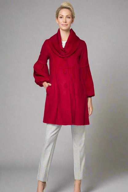 Red Wool Blend Coat – Handmade Oversized Collar Vintage Winter Elegance 1426