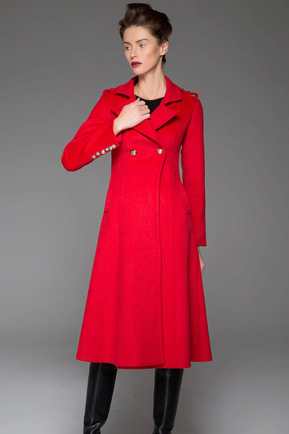 Vintage Wool Coat for Women – Handmade Red Double Breasted Military Style Winter Coat | Xiaolizi 1415