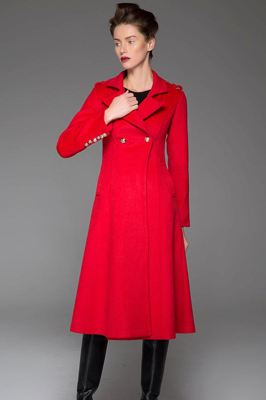 Red Winter Coat - Warm Elegant Long Double-Breated Fitted Handmade Designer Woman's Coat with Button Details Women's Fashion 1415