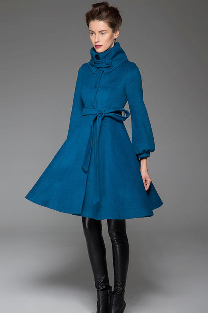 Handmade Blue Wool Blend Coat with Oversized Collar & Belt – Timeless Vintage Elegance 1425