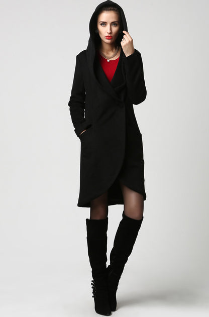 Oversized Black Hooded Wool Coat – Relaxed Winter Outerwear for Women | Xiaolizi 1124