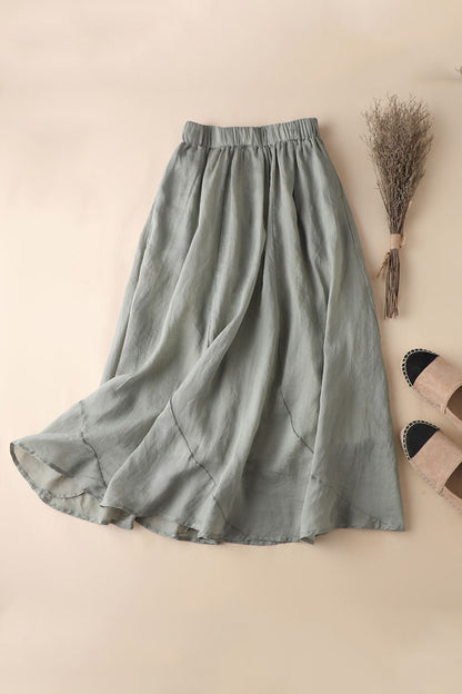 Beige Linen Maxi Skirt - A-Line Silhouette with Elastic Waist 3591