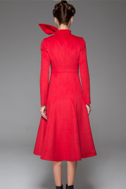 Red Women's Coat - Long Elegant Sleek Simple Fitted Smart Tailored Winter Designer Coat with Scarf Collar & Concealed Closure 1408