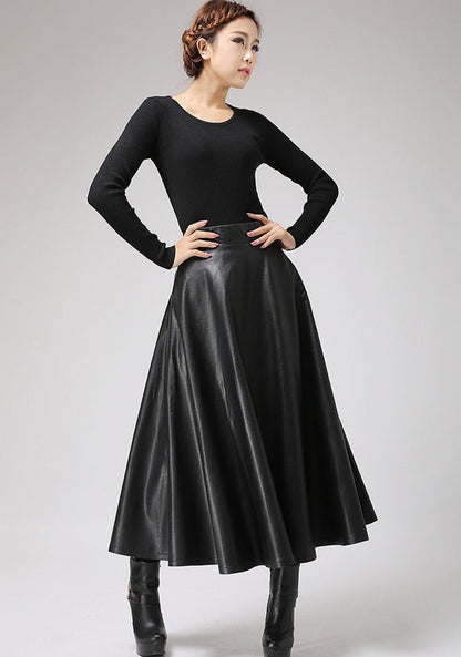 Handmade Black Faux Leather Midi Skirt – Vegan PU A-Line Skirt | Xiaolizi 0719