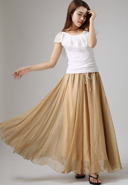 Khaki Chiffon Maxi Skirt - Ruffle Waist, Elastic Stretch 892