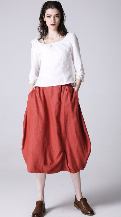 Orange Linen Maxi Skirt - Irregular Hem, Front Zipper 1194