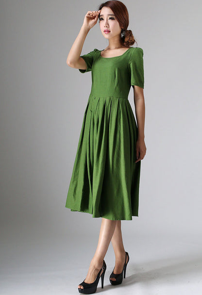 Forest Green Linen Dress - Fit and Flare Pleated Silhouette 973