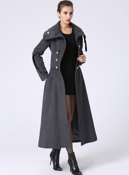 Gray Wool Maxi Coat - Military Inspired, Flared Silhouette 1063
