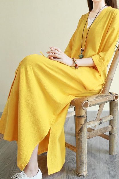 Yellow Linen Maxi Dress - V Neck Long Sleeve Loose Waist CYM341