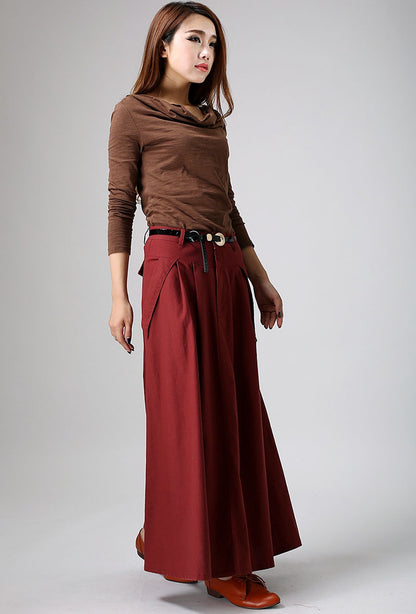 Red Linen Blend Maxi Skirt - Pleated Waist with Flap Pockets 901