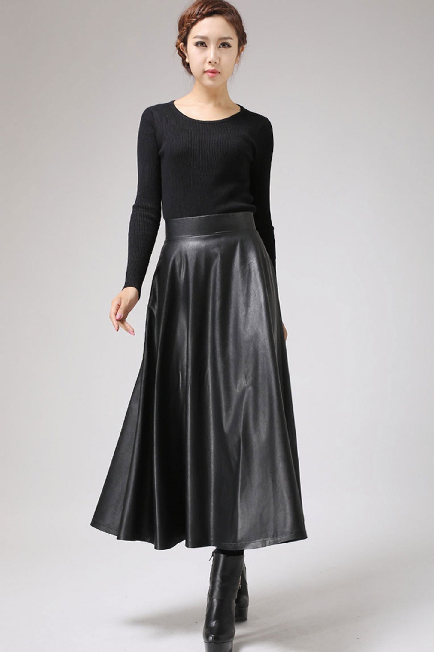 Black PU skirt maxi skirt long skirt 0719