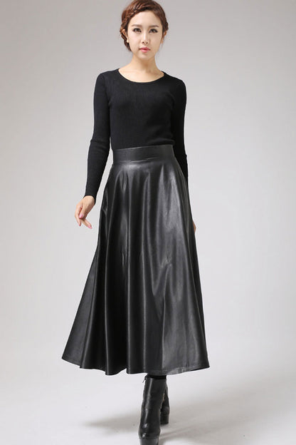 Handmade Black Faux Leather Midi Skirt – Vegan PU A-Line Skirt | Xiaolizi 0719
