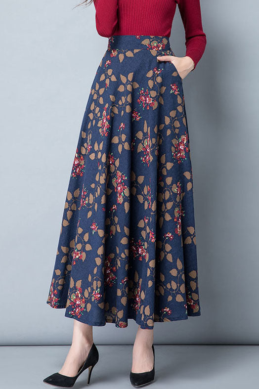 Women Floral A-Line Linen Skirt 4115