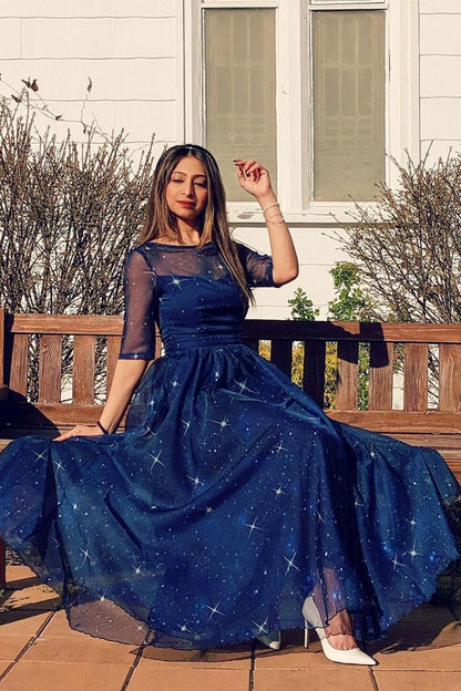 Summer Women Blue Starry Sky Swing Chiffon Midi Dress 2353#