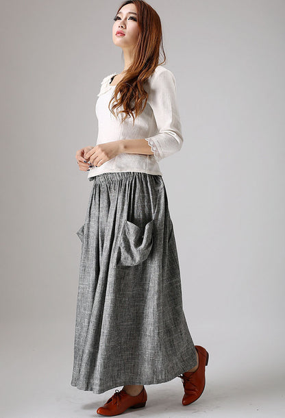 Grey Linen Blend Maxi Skirt - Elastic Waist, Draped Pockets 867