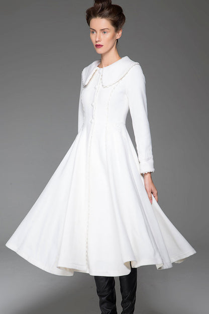 Elegant White Wool Coat – Handmade Vintage Bridal Winter Overcoat | Xiaolizi 1418