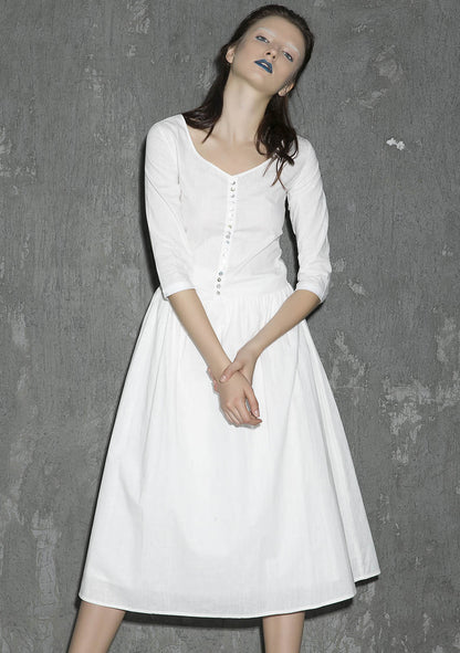 White Linen Maxi Dress - Round Collar with Button Front 1306